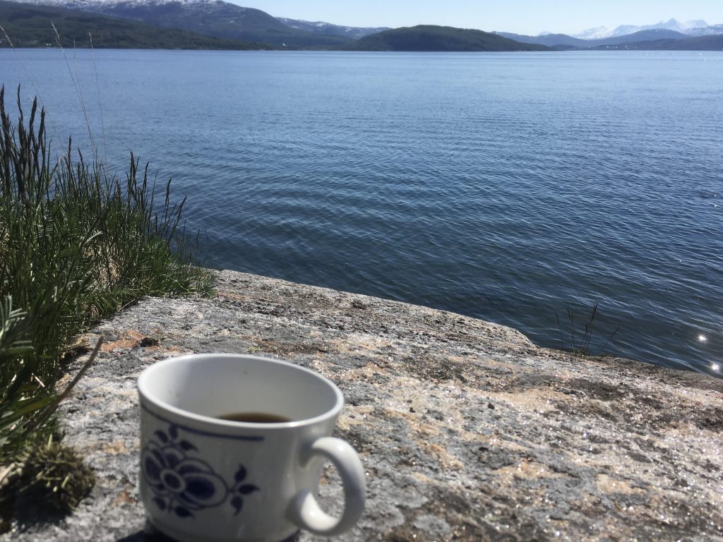 Kaffikopp på stein ved havet